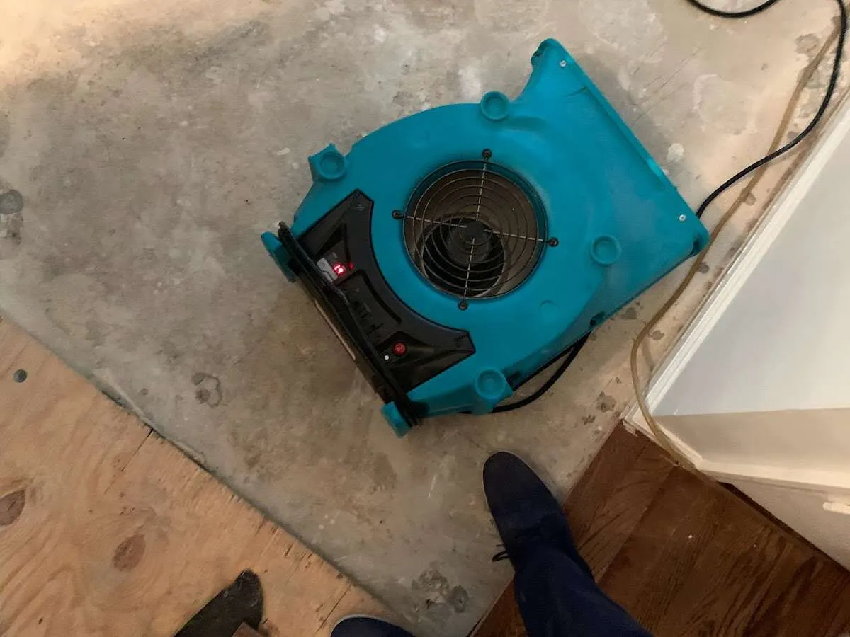Air mover drying subfloor during Leak Detection & Repair in Amherst